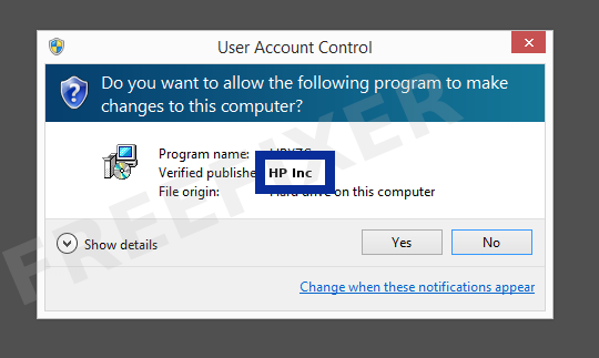 Screenshot where HP Inc appears as the verified publisher in the UAC dialog